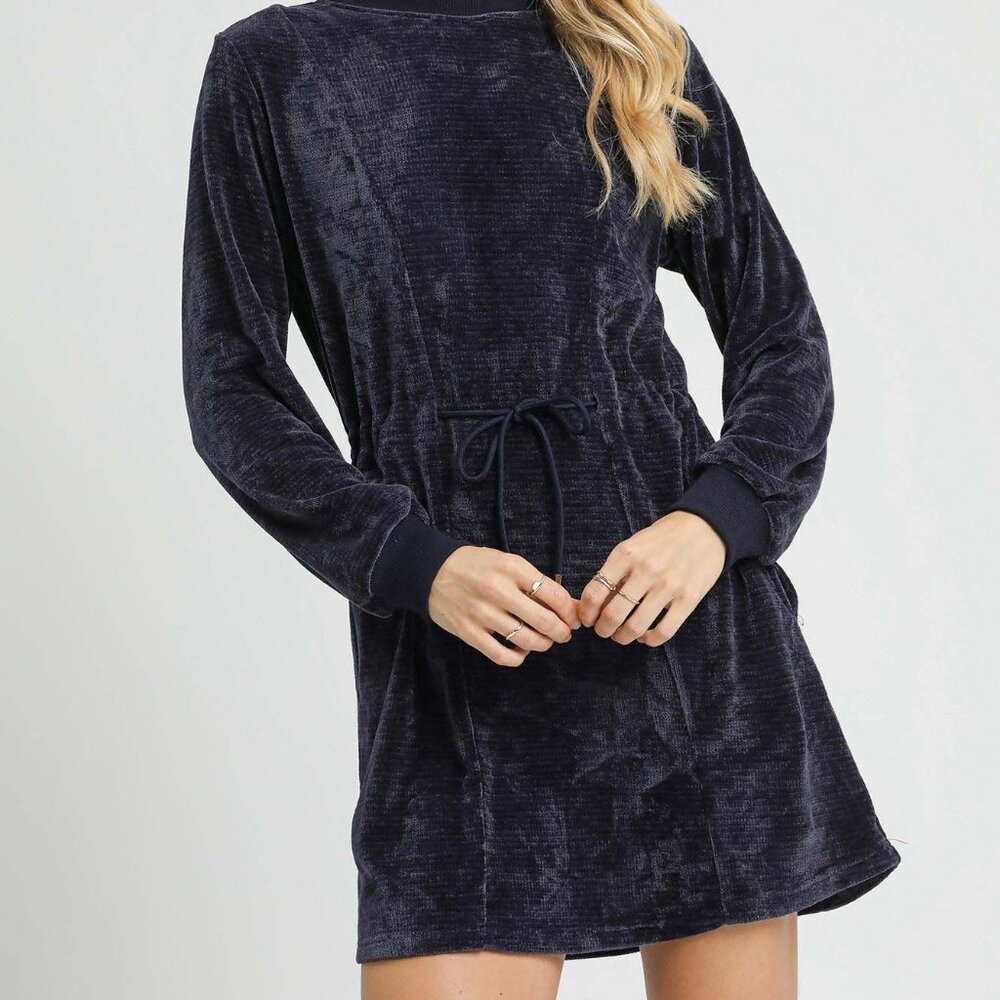 Umgee Velour Drawstring Mini‎ Dress with Long Sleeves